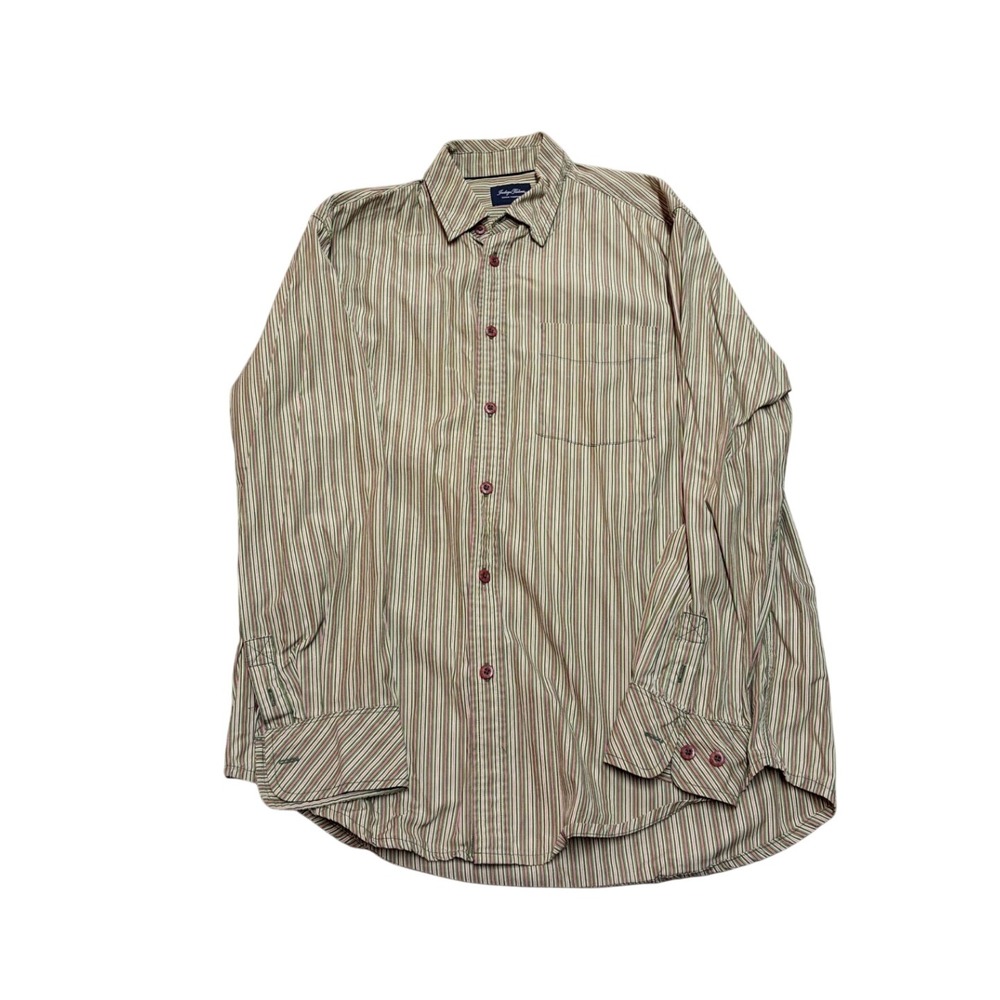 Indigo Palms Mens Green Red Striped Cotton Button Down Shirt Size M Long Sleeve